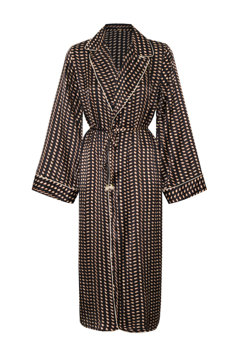 Western Satin Silk Kaftan / Black & Ivory Seeds